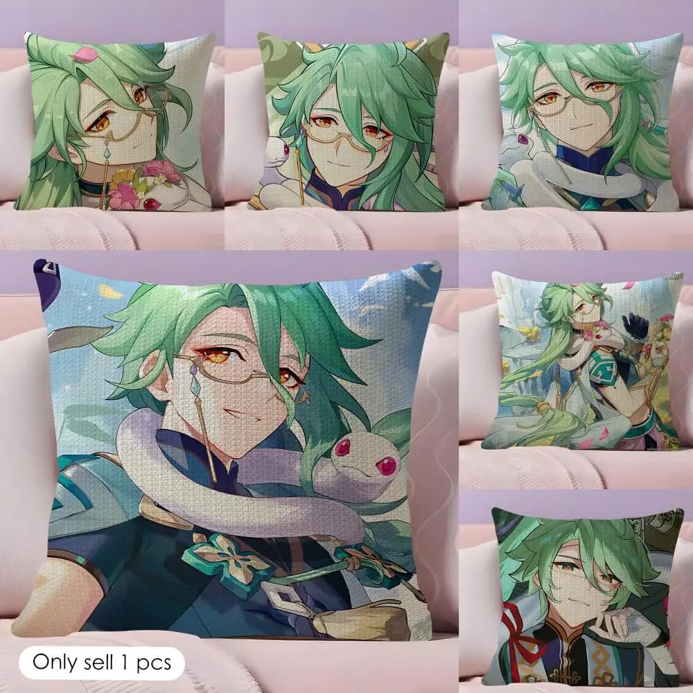 Baizhu Genshin Impact Cushion Cover Natural Linen Organic Fabric Double-Sided Printing Sofa Home Decor Gift Pillow Case