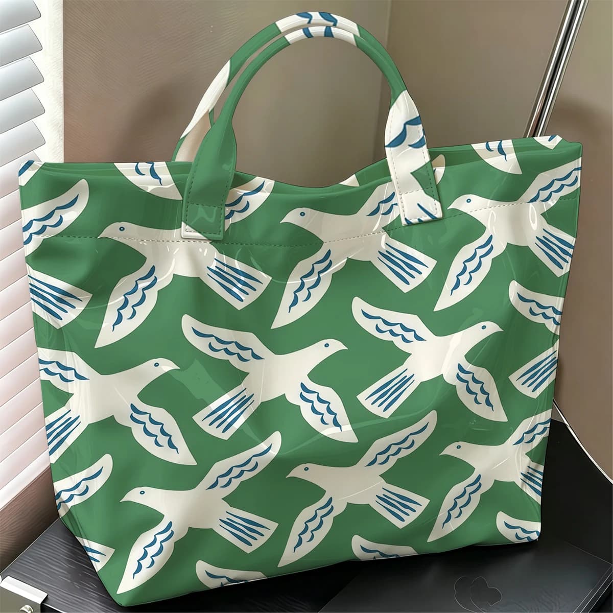 Dove Print Stylish Large Glossy PVC Tote Bag Washable Waterproof Durable Ideal for Travel Commute Cosmetics Books Handbags