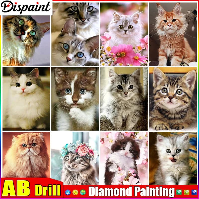 Dispaint AB "Cat Animal Flower" Diamond Painting 5D Full Square/Round Drill Home Decor DIY Diamond Embroidery Cross Stitch