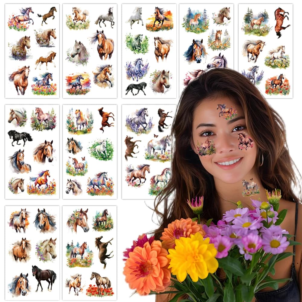 Watercolor Horse Temporary Tattoos , Floral & Equine Designs, Cowboy Theme Party Favors, Ideal for Western Birthdays.