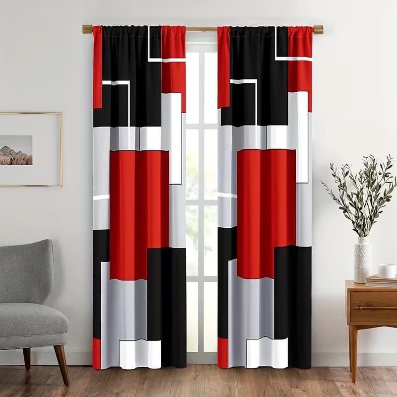 2 modern geometrical blocks curtains, abstract white red pattern, living room bedroom furniture, with pocket for rod