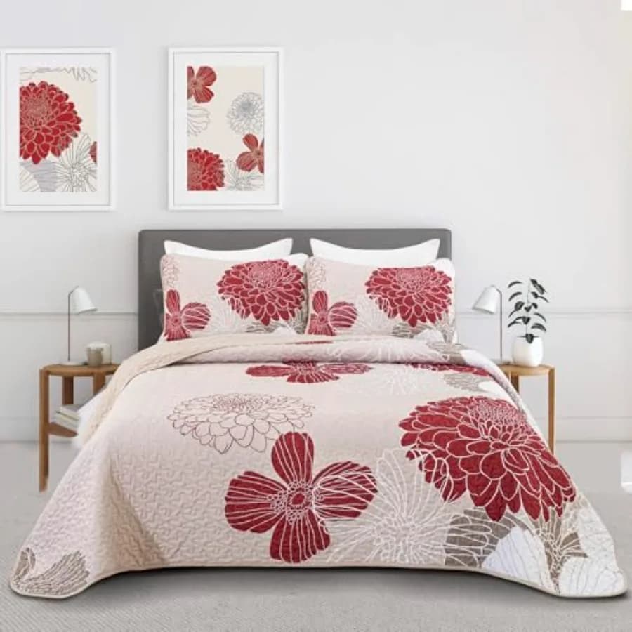 Set Copriletto Floreale - 3 Pezzi Trapuntati con Motivo Floreale, Reversibili, Leggeri in Microfibra, Set Biancheria da Letto con 2 Federe