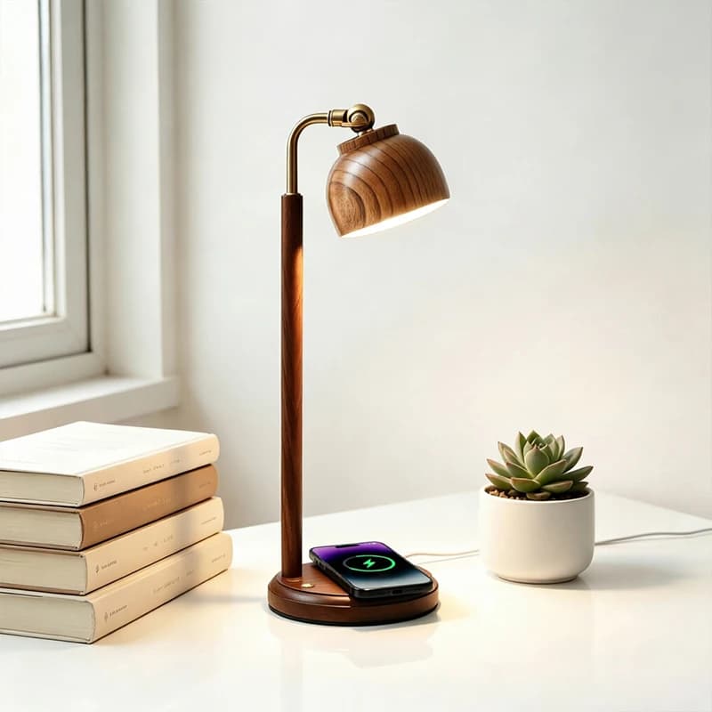 Walnut Table Lamp with 15W Qi Wireless Charger for Mobile Phone USB-C Powered Three-color Lights Desk Lamp for Bedroom Home
