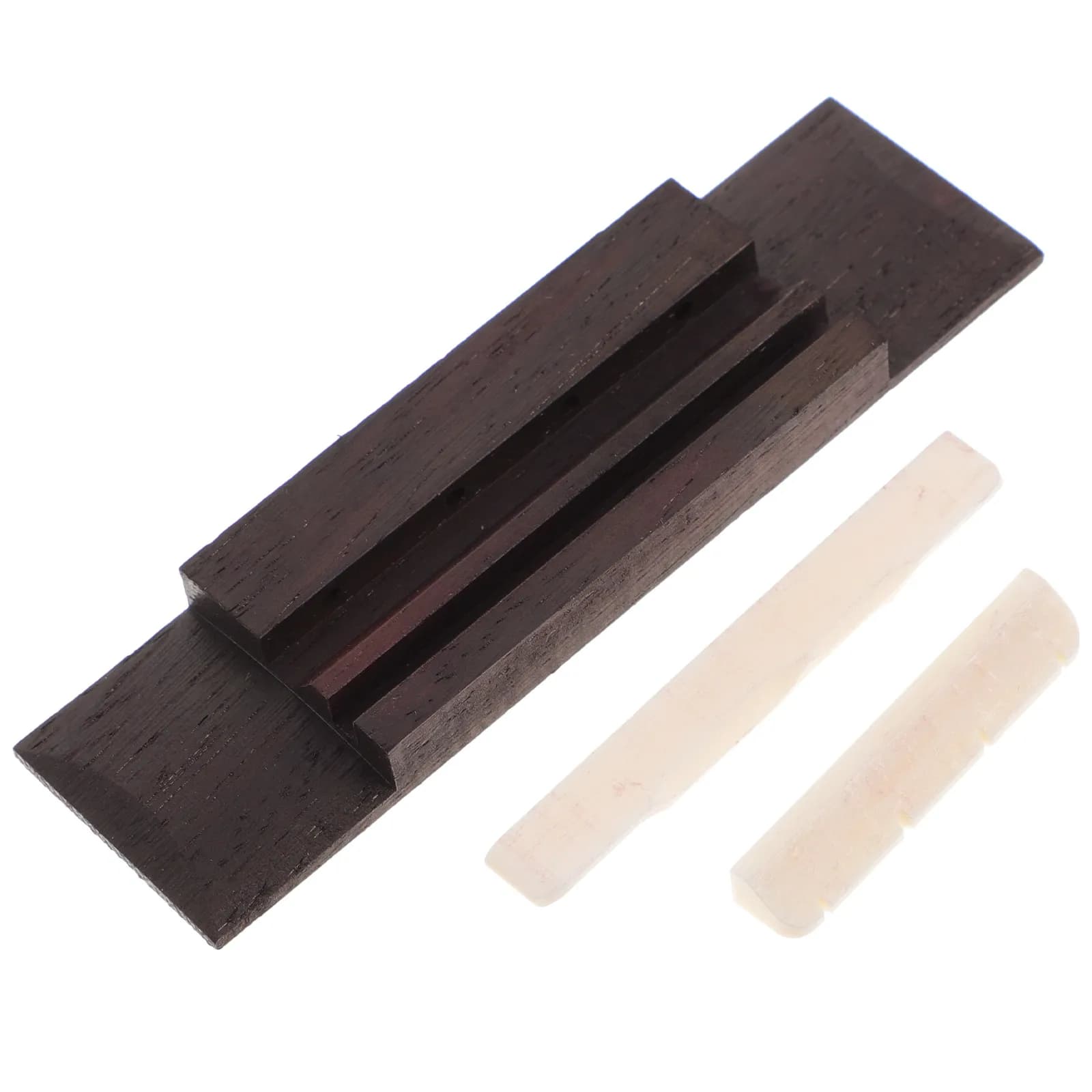 Kit Ponte e Sella per Ukulele a 4 Corde in Osso, Dimensioni 9cm x 2.5cm, Spessore Sella 7mm, Altezza Totale 11.7mm, Spaziatura Corde 12mm