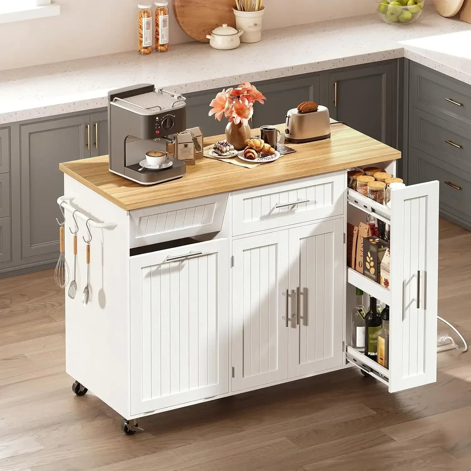 Carrello da Cucina Mobile con Ruote, Cassetto Portaoggetti, Contenitore per Rifiuti, Stazione di Ricarica, Ripiano Regolabile, Portasciugamani