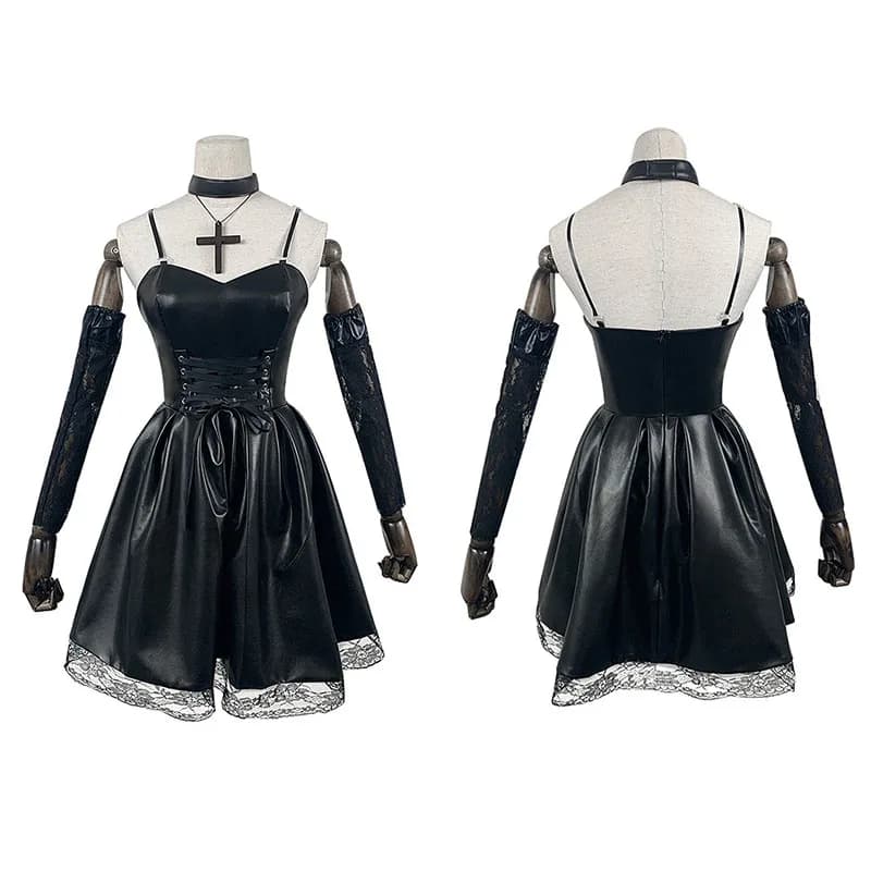 IN STOCK Misa Amane Cosplay Costumes Imitation Leather Sexy Dress Necklace Lace Sleeves Stockings Women Uniforms Anime Outfits