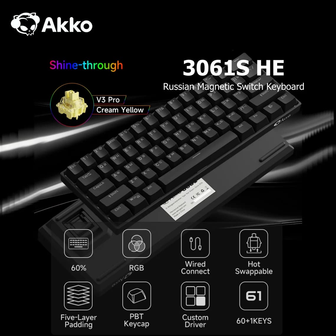 Akko 3061S Black HE Mechanical Keyboard 60% ANSI Russian RGB Magnetic Switch Rapid Trigger 8K TypeC Wired Custom Gaming Keyboard
