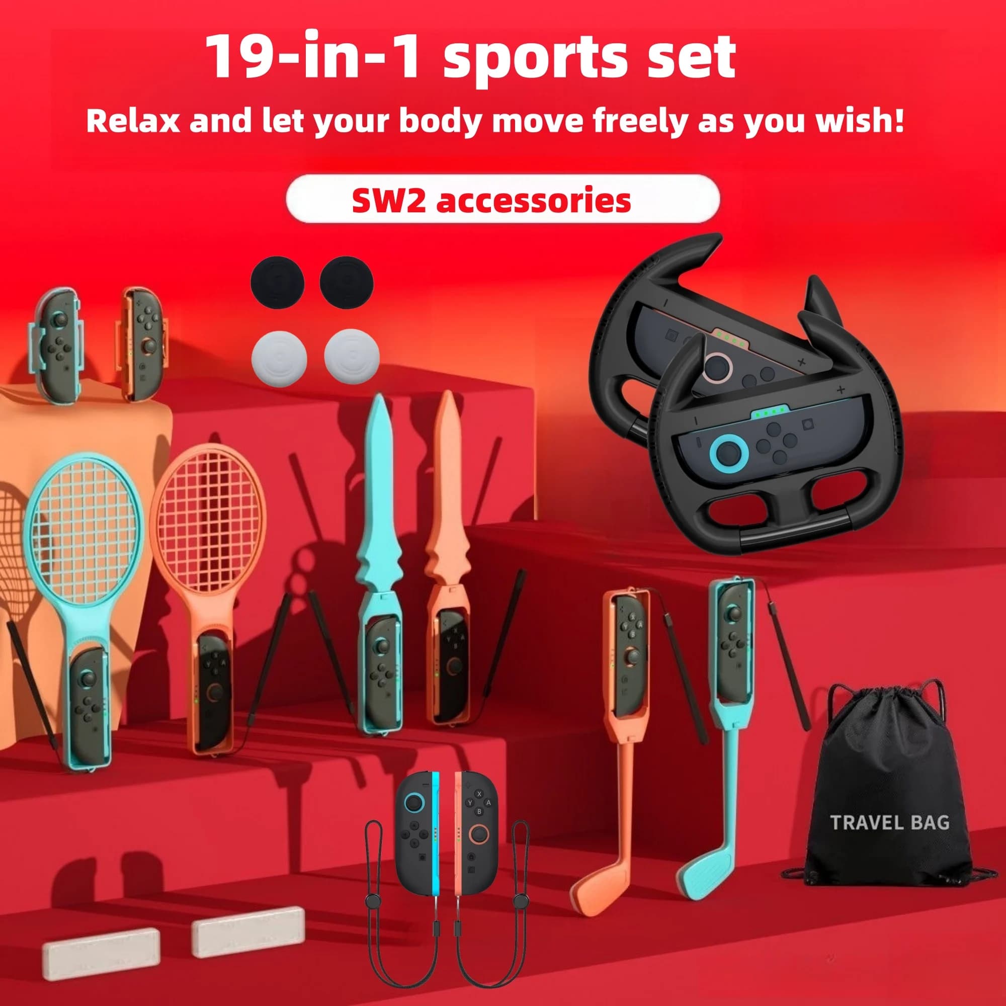 Pacchetto Famiglia 19-in-1 con Racchette da Tennis, Mazze da Golf Regolabili, Spade per Nintendo Switch 2 - Bundle di Accessori Sportivi per Switch 2