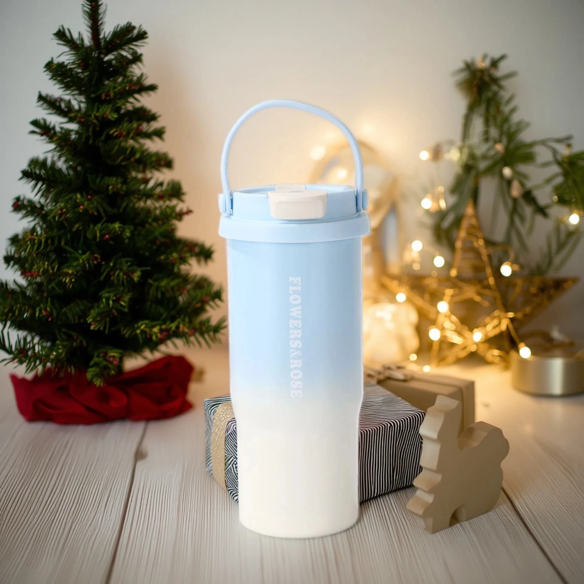Tazza da auto sfumata da 700 ml, bicchiere termico da esterno con manico e doppio coperchio, tumbler da viaggio portatile in acciaio inossidabile