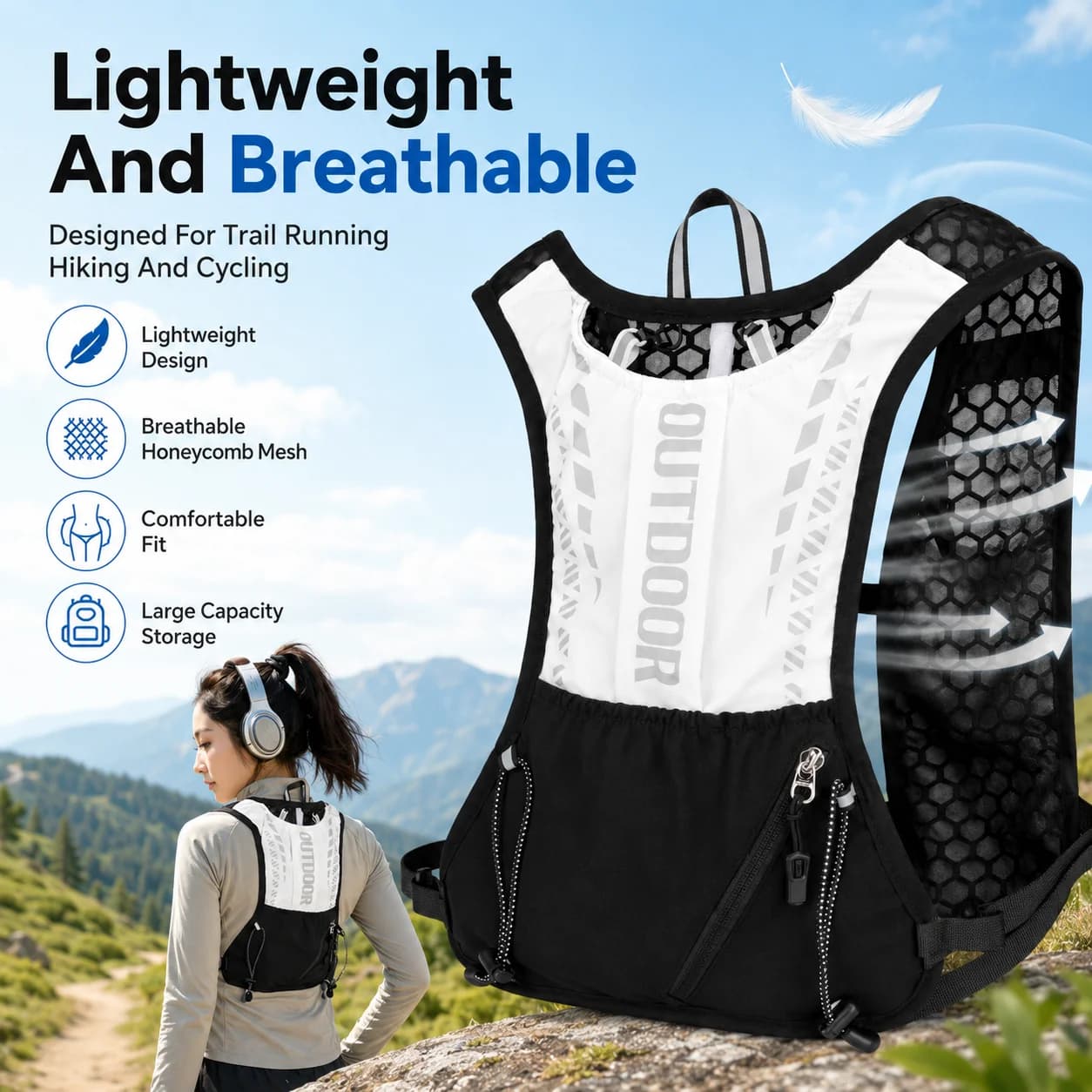 Lightweight Hydration Backpack Outdoor Running Vest Water Resistant Trail Hiking Cycling Marathon Bag Breathable Mesh Sport Pack