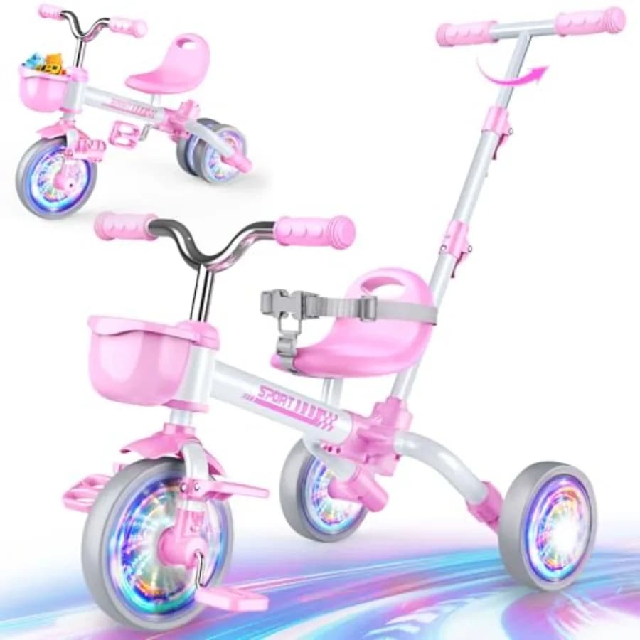 Bicycle 5 in 1 for Children from 1-5 years, Tricycle with Push Handle, Bike Without Pedals Convertible, Light Wheels, Removable Pedals, 4 Positions