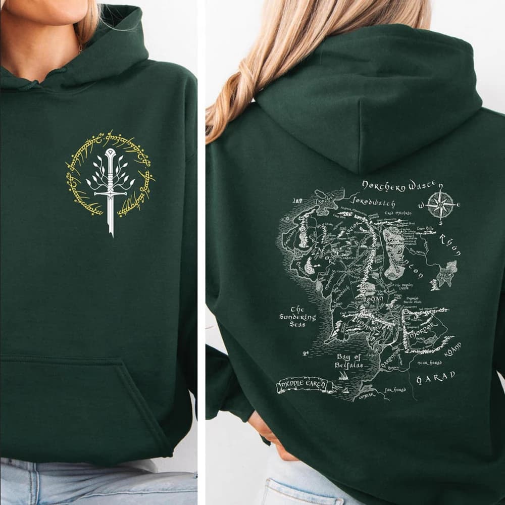 Felpa con Cappuccio Mappa della Terra di Mezzo Second Breakfast Club LOTR, Maglione per Fan della Terra di Mezzo, Abbigliamento Tolkien, Maglietta The Shire, Felpe con Cappuccio del Film LOTR
