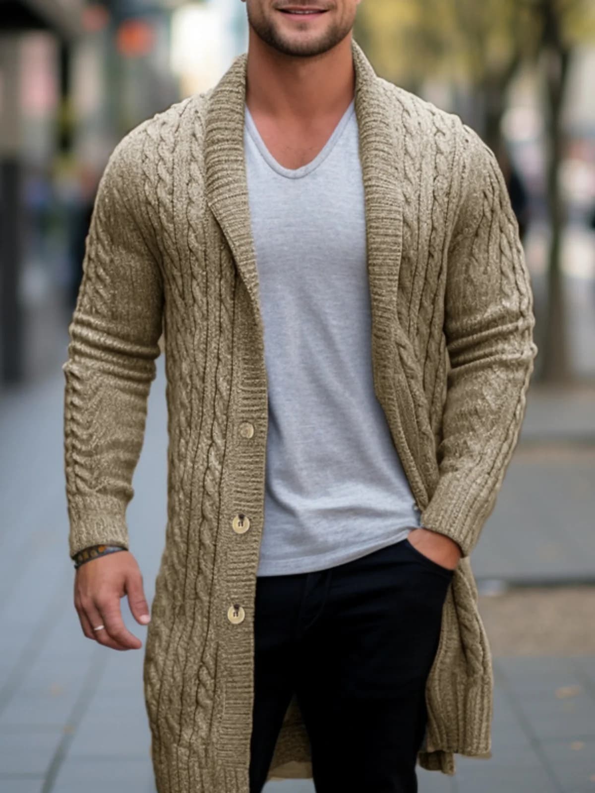 Cardigan da Uomo a Maglia Lunga, Spesso, con Lavorazione a Treccia Floreale, in Lana, Casual, Slim Fit, a Maniche Lunghe, Invernale