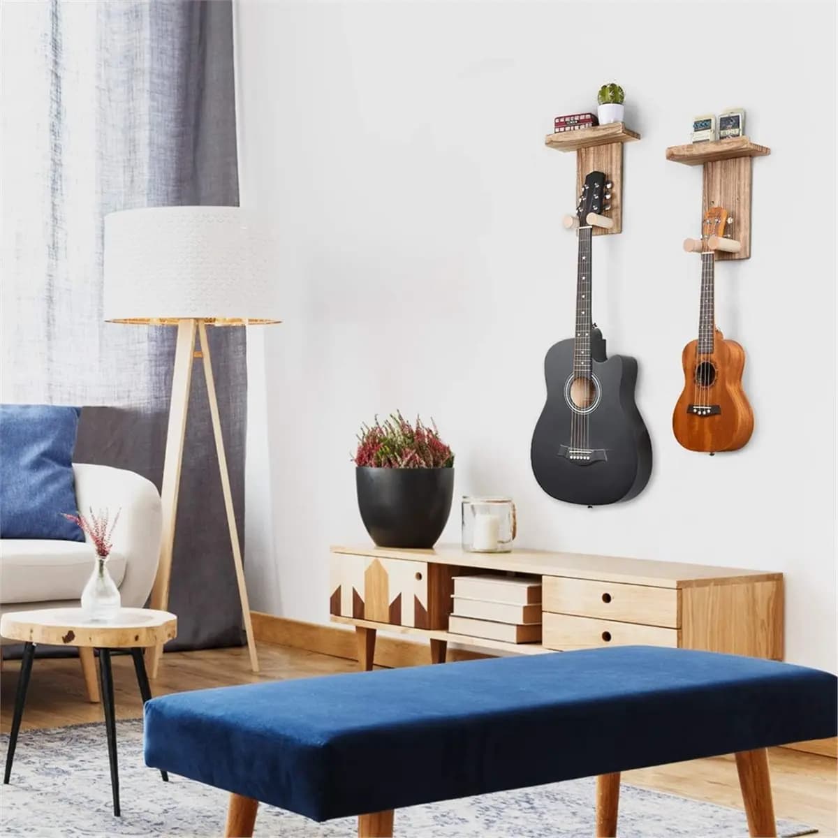 (AD12) 2pcs Guitar Wall Mount Hanger with Shelf & Pick Holder - Wood Wall Hook for Acoustic, Electric, Guitars, Ukulele