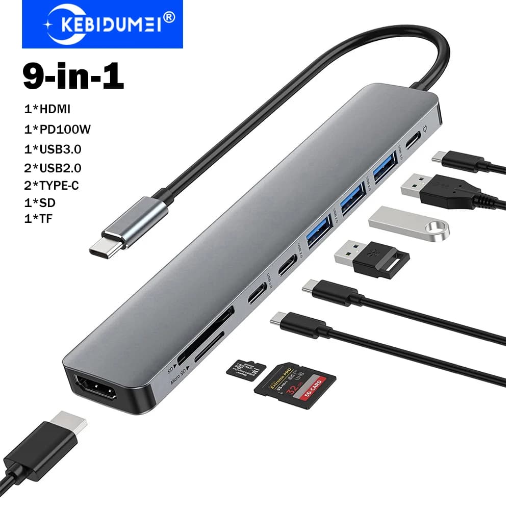 KEBIDUMEI Docking Station USB C 9-in-1, Hub USB 3.0 con Trasmissione 5Gbps, Adattatore USB HUB TYPE-C a HDMI 4K, Splitter USB per Laptop