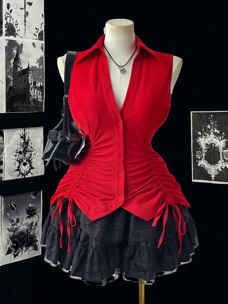 Plus Size 2025 Summer New Women's Big Size Music Festival Tie Bow Slim Slim Sleeveless Shirt Polyester Material