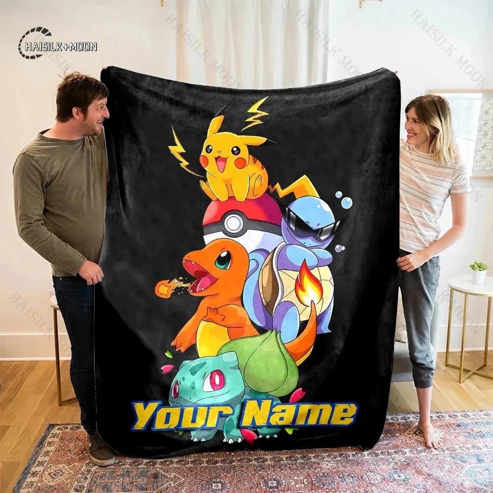 Coperta Personalizzata con Nome e Stampa P-Pikachu C-Charizard, Regalo Sorpresa per Amanti degli Anime, Coperta per Camera da Letto e Divano