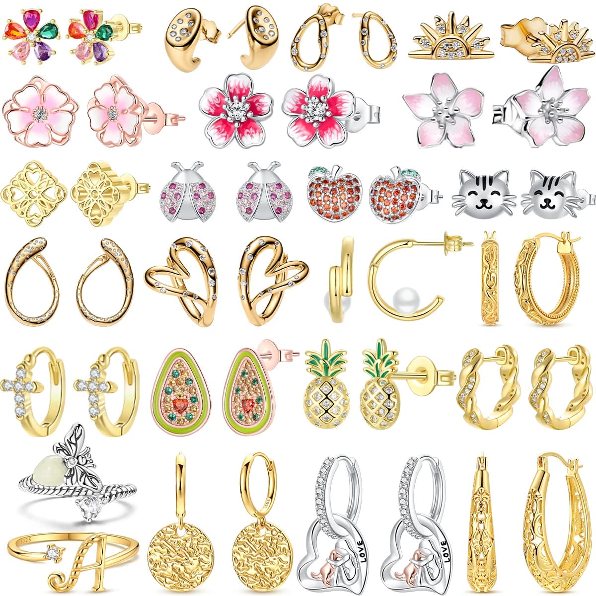 Nuovi Orecchini Originali in Argento Sterling 925 con Fiore, Fiocco, Quadrifoglio, Frutta, Cuore, Cavallo e Gatto, Ideali come Regalo di Compleanno per Donne