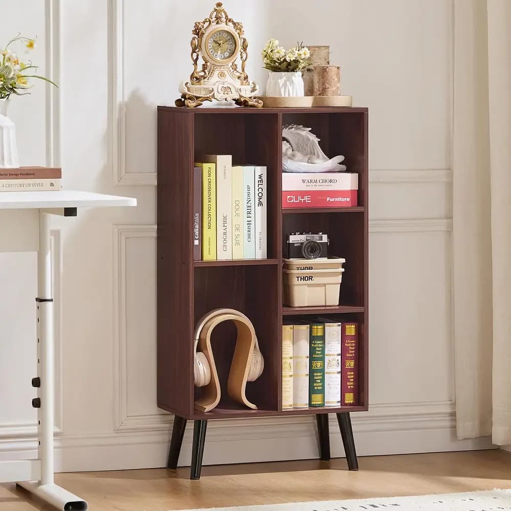 Bookcase with 5 cubes at 3 levels with legs, children's shelves in mint walnut, nice organizers, open shelves self-supporting for toys