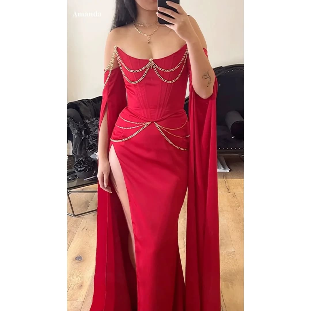 Amanda Customized Red Off Shoulder Prom Dress with Gold Chain Accents Draped Cape Sleeves and High Slit Satin vestidos de noche