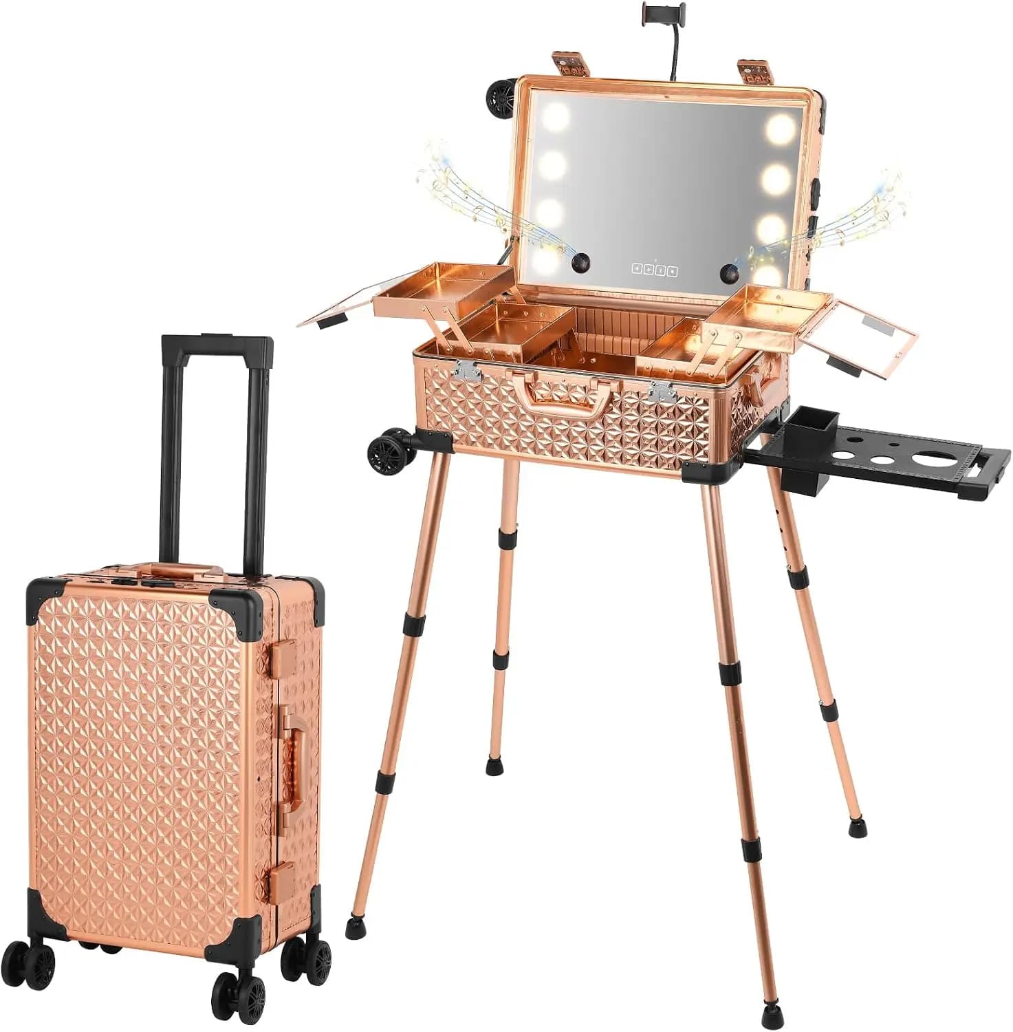 Mirror and Bluetooth Speaker Professional Cosmetic Organizer Case with Wheels, Stands Portable Makup Station Vanity