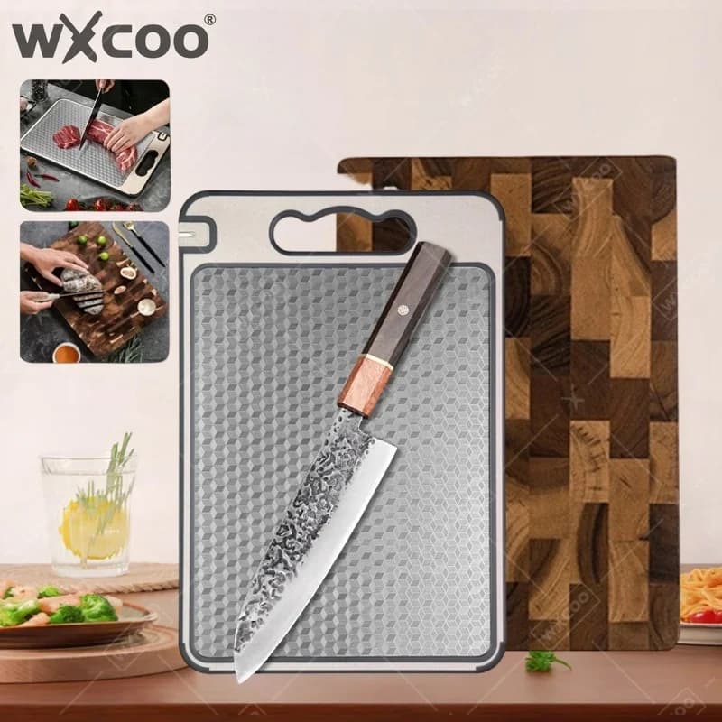 WXCOO 1~3PCS Meat Cleaver Hand Forged Kitchen Knife Set Thicken Acacia Wooden Cutting Board Japanese Fruit Cutting Santoku Knife