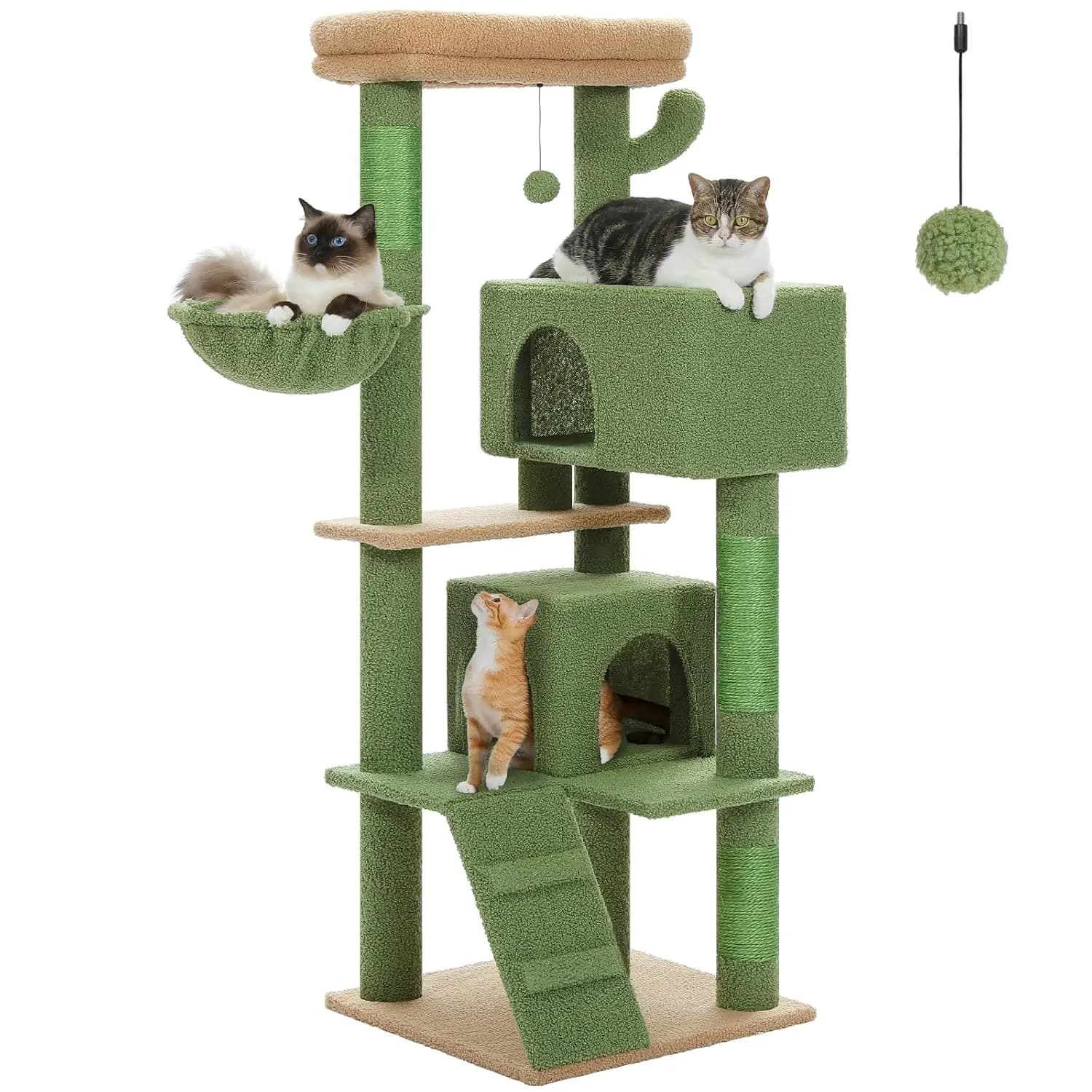 Torre per Gatti a Forma di Cactus da 56 Pollici con Postazione Superiore, Tiragraffi, Amaca in Peluche e Rampa per Gatti da Interno, Personalizzabile