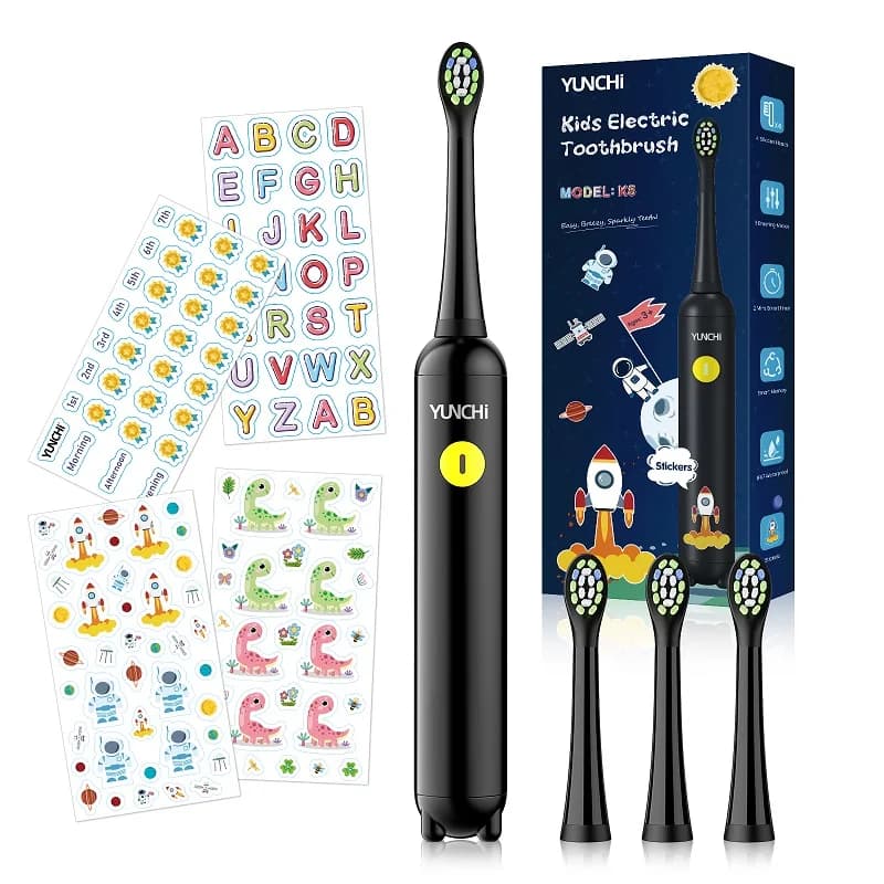 YUNCHI Spazzolino elettrico per bambini Spazzolino elettrico ricaricabile per bambini 3 modalità di spazzolatura Divertenti adesivi fai-da-te con 4 testine
