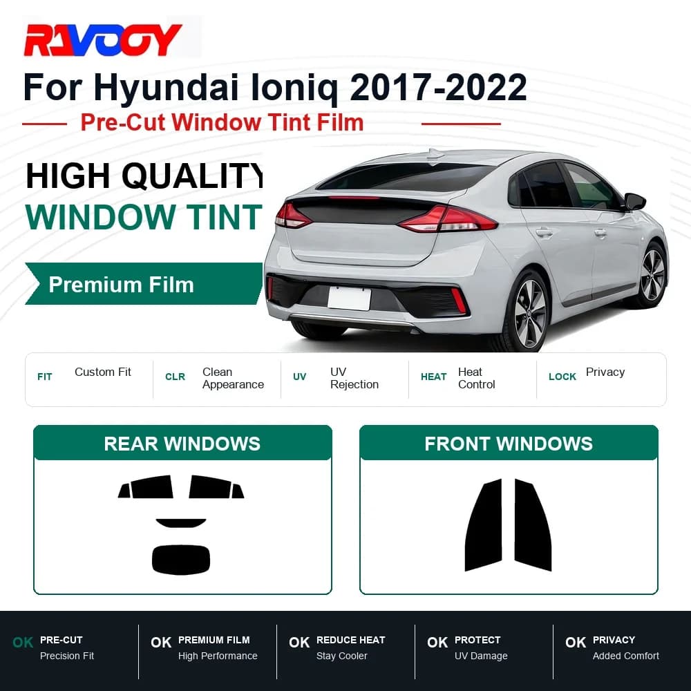RAVOOY Precut Window Tint, Reusable Removable EPU Film, Custom Fit for Hyundai Ioniq 2017-2022, UV Heat Protection