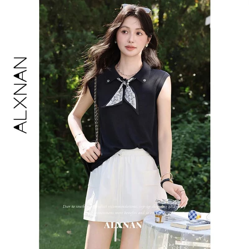 ALXNAN Summer Women's Navy Blue T-shirt Polo Lapel Sleeveless Straight Cut With White Scarf Tees Casual Female Clothing L669101