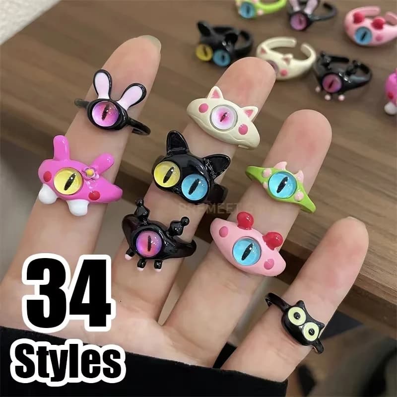 34 Styles New Big Eyes Cute Ring Punk Colorful Monster for Women Fashion Sweet Cat Eye Open Couple Ring Party Finger Accessories