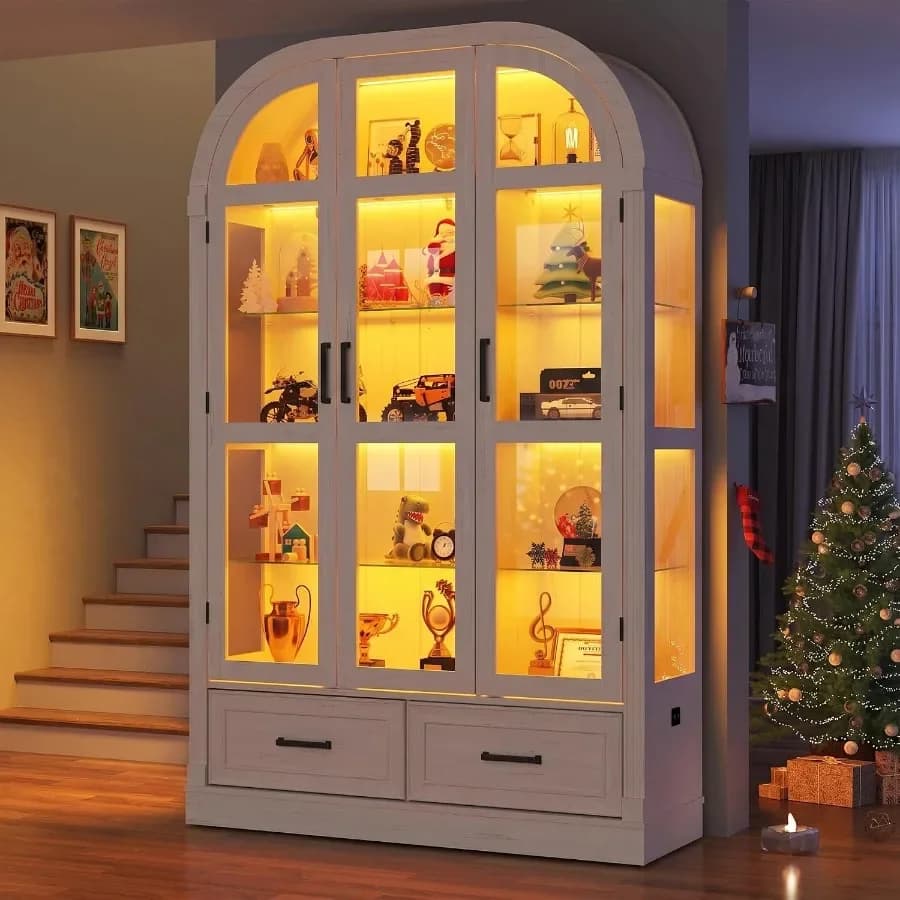 74" Arched Display Cabinet with Glass Doors and Drawers, Motion Sensor 3-Color Lights, Glass Curio Cabinet, 5-Tier Showcase for