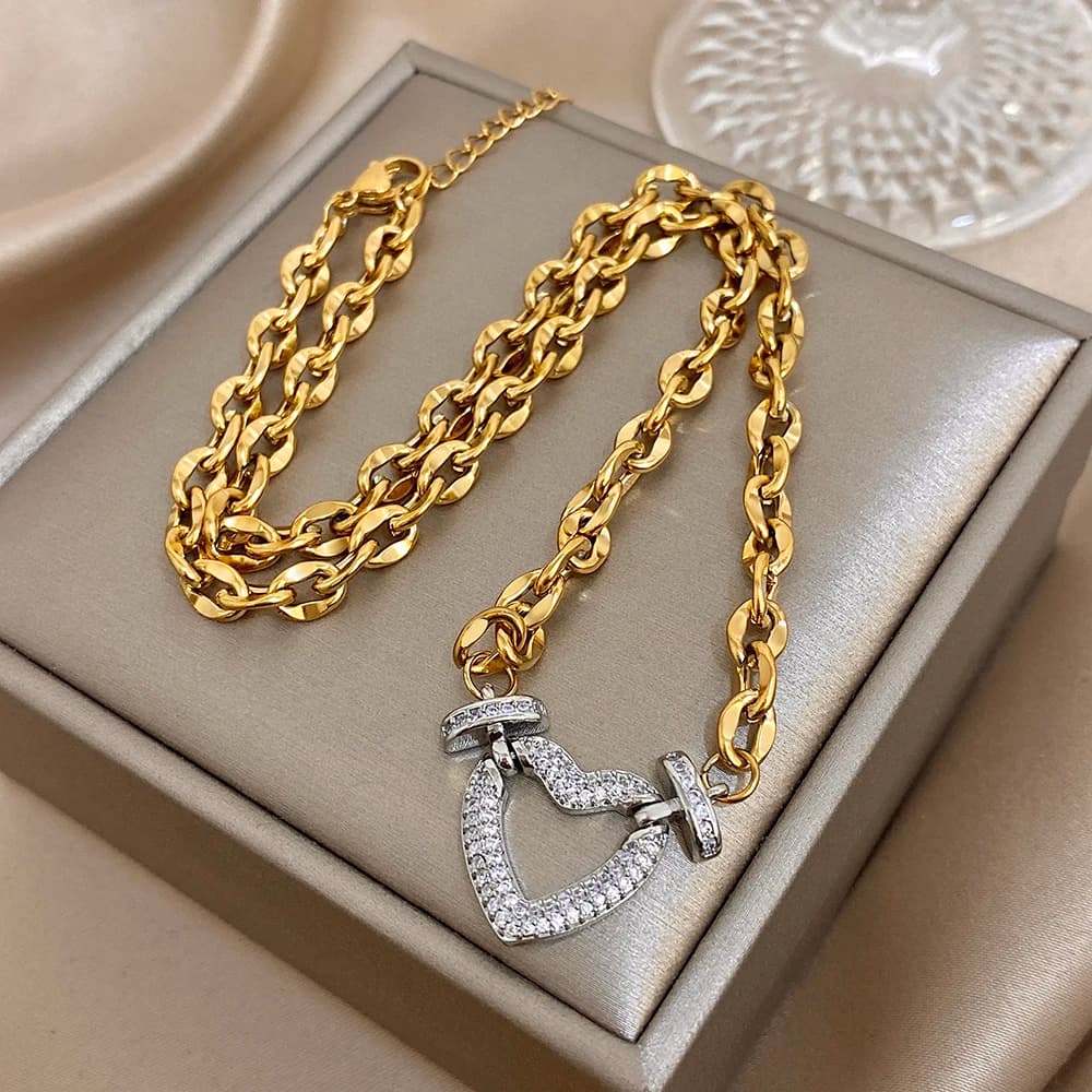 Collana con ciondolo con ciondoli in acciaio inossidabile con lucchetto e cuore con zirconi completi per donna Uomo Collane con catena a maglie placcate in oro punk grosso