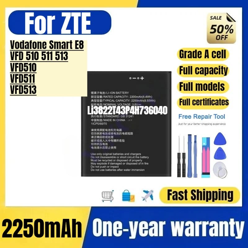 Batteria di Ricambio Li3822T43P4H736040 per Telefoni Cellulari ZTE Vodafone Smart E8/VFD 510 511 513/VFD510/VFD511/VFD513