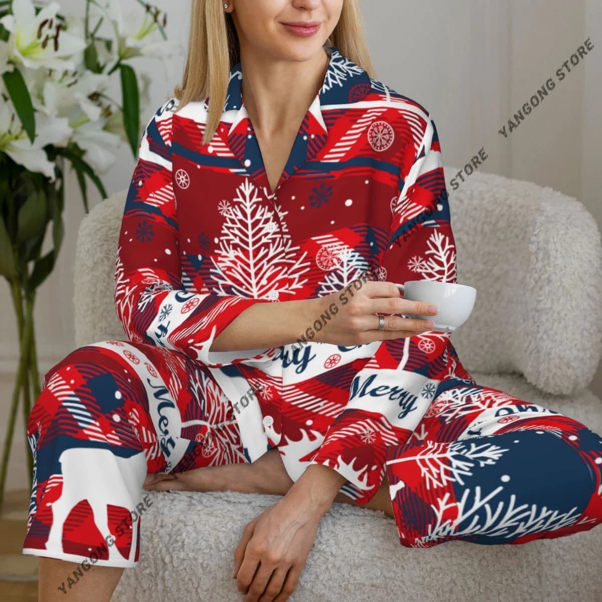 Buon Natale Felice Anno Nuovo Modello Pigiama da donna Pigiama da notte in due pezzi Pigiama lungo a maniche lunghe abbottonato