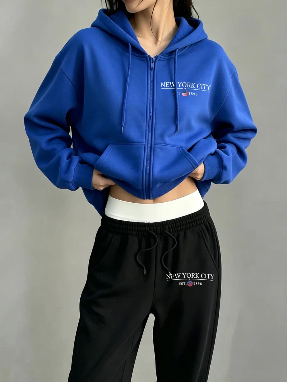 2Pcs Zipper Hoodie Set Women New York City Prints Sweatpantssporty Oversized Fleece Warm Sweatshirts Pants Autumn Pocket Clothes