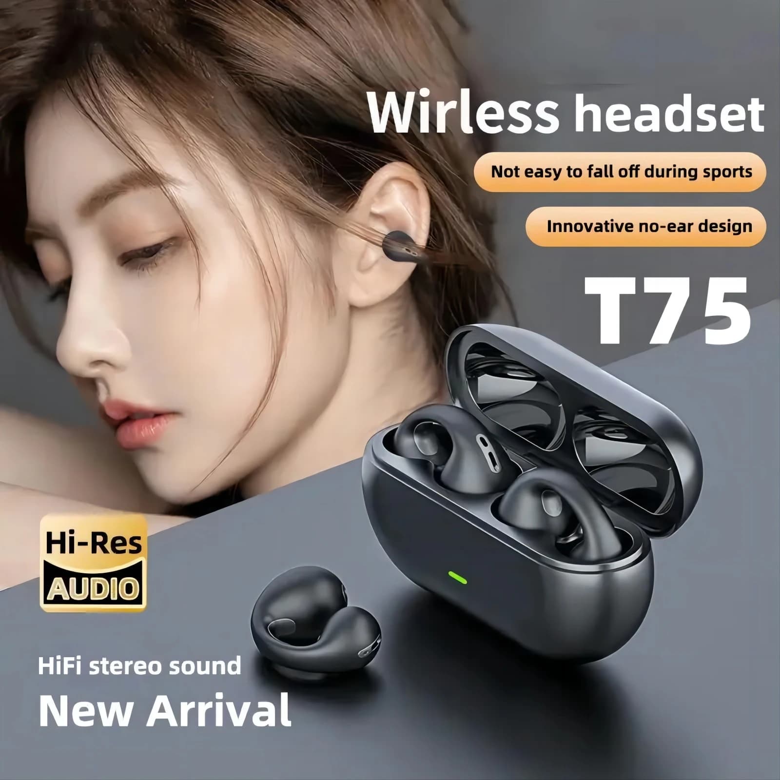 A02 Auricolari Bluetooth wireless con scatola di ricarica, gancio per l'orecchio, auricolari sportivi, auricolari, microfono, smartphone
