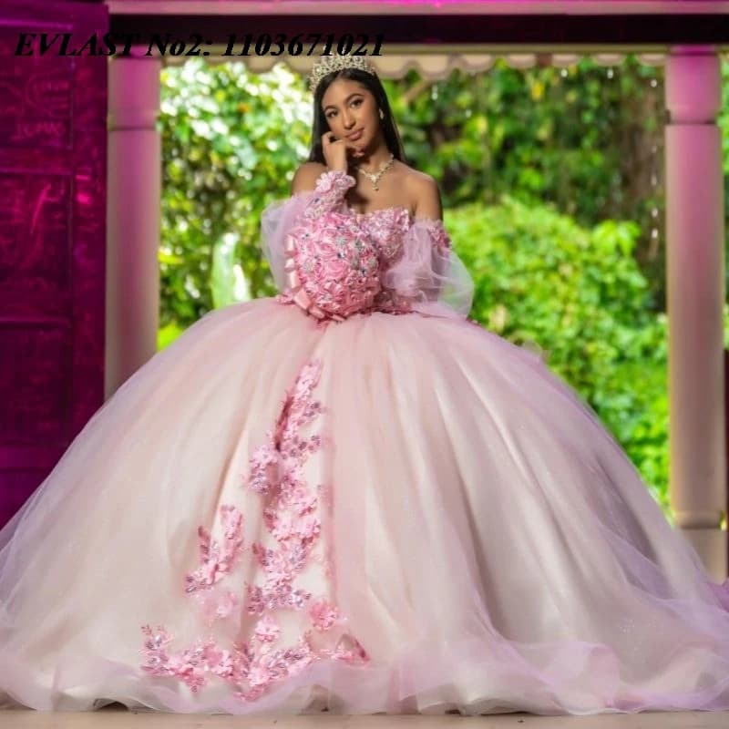 EVLAST Personalizzato Glitter Rosa Floreale Abito Quinceanera Abito di Sfera Applique Che Borda Arco Messico Dolce 16 Abiti 15 Anos E2QA231