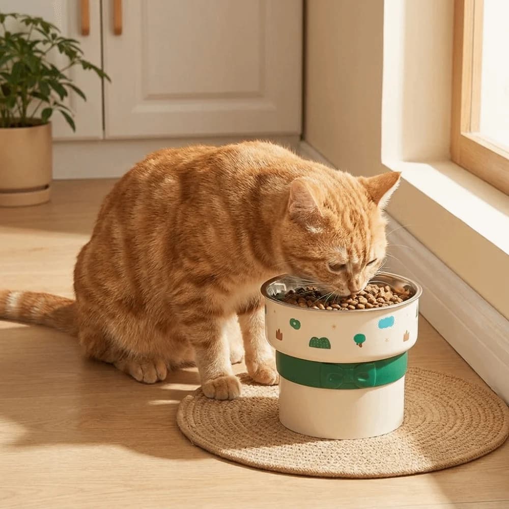 Large Capacity Elevated Cat Bowl Stainless Steel Anti-Tip Pet Food Bowl Non-Slip Cartoon Pattern Pet Food Container Feeding Bowl