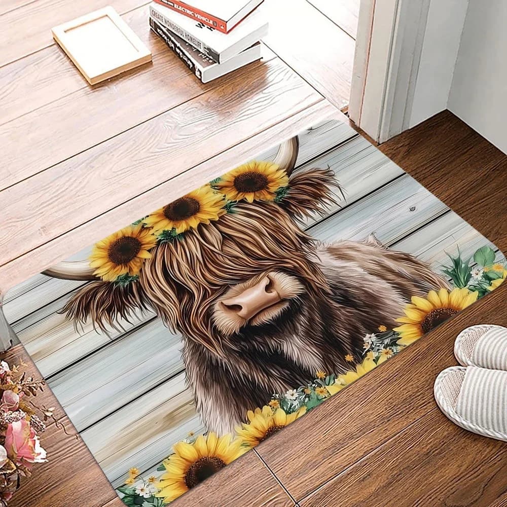 Tappeto antiscivolo con zerbino floreale delle Highland Cow per cucina, soggiorno, tappetino lavabile