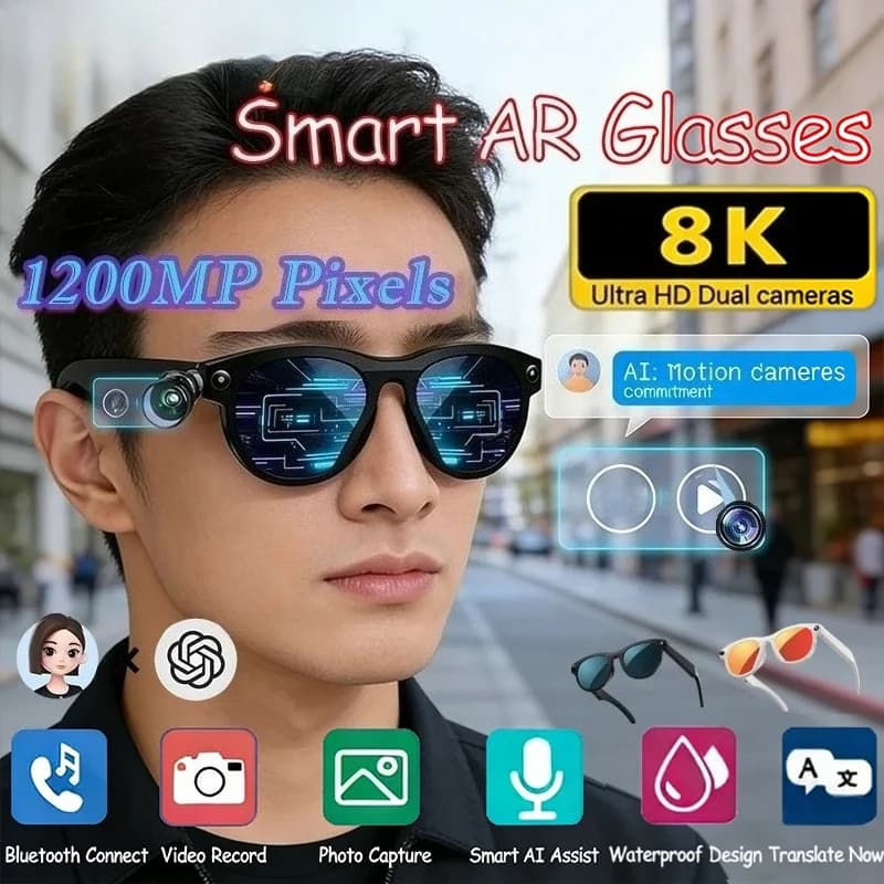 Occhiali Smart AI 8KHD con Cambio Colore, Fotocamera da 1200MP, Traduzione, Chiamate Bluetooth, Assistente Vocale, Controllo Musica 2026