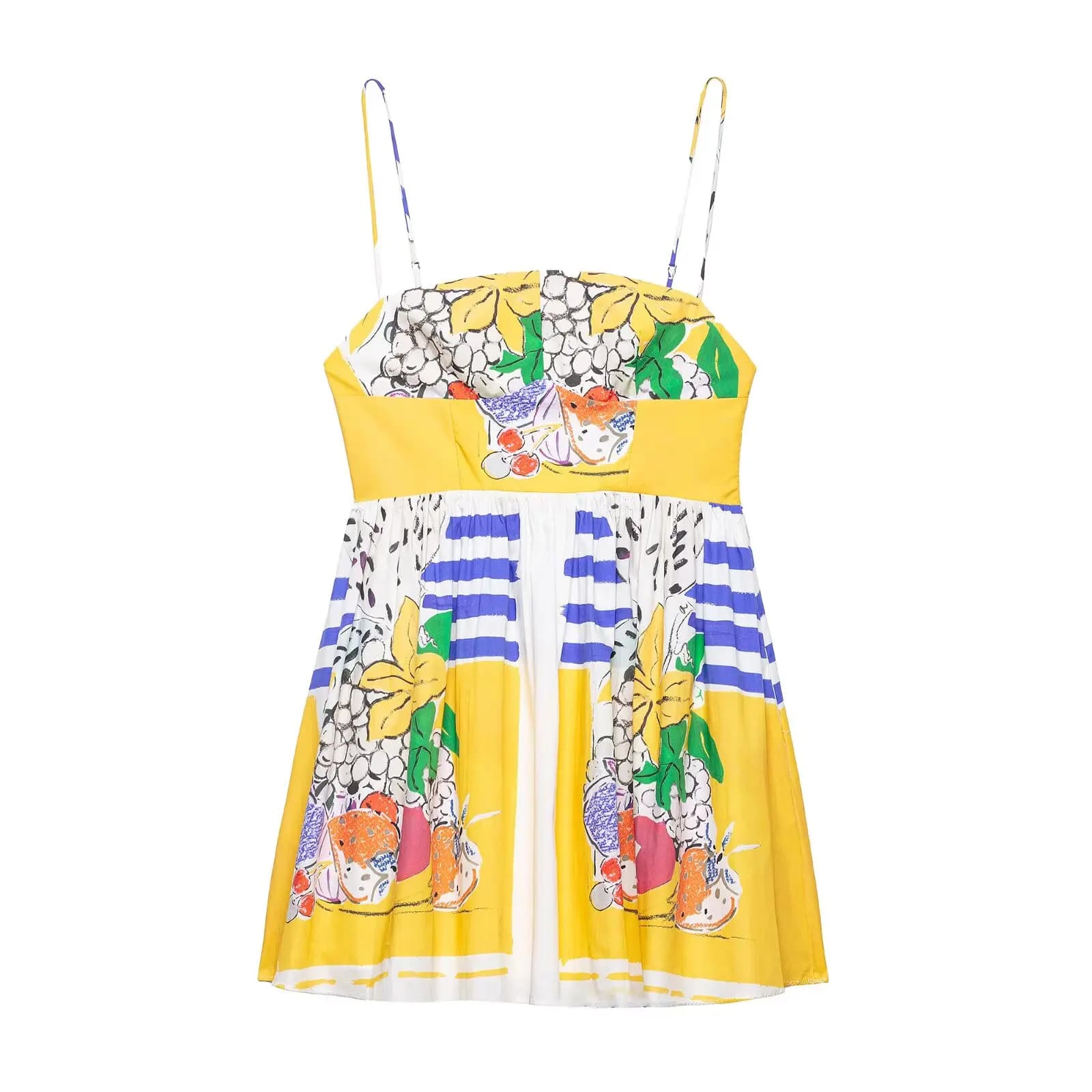 Zevity 2025 Women Sexy Summer Fruit Patchwork Print Mini Sling Dress Female Chic Side Zipper Casual Slim Party Vestidos DS9305