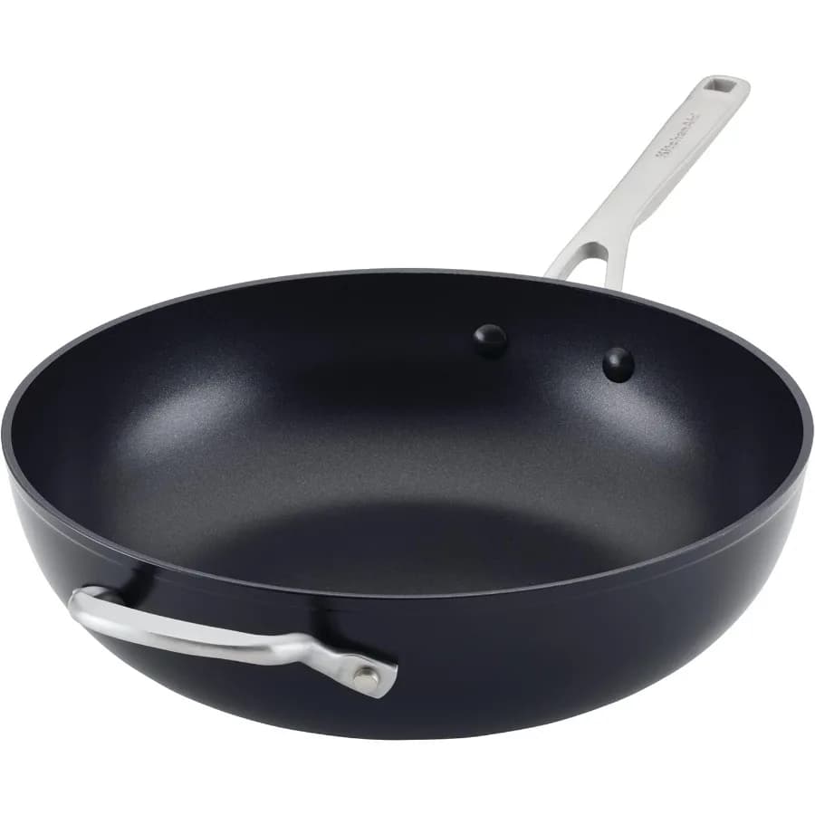 Non-stick pan compatible with hard anodized induction with support handle for efficient cooking on gas and electrical stoves