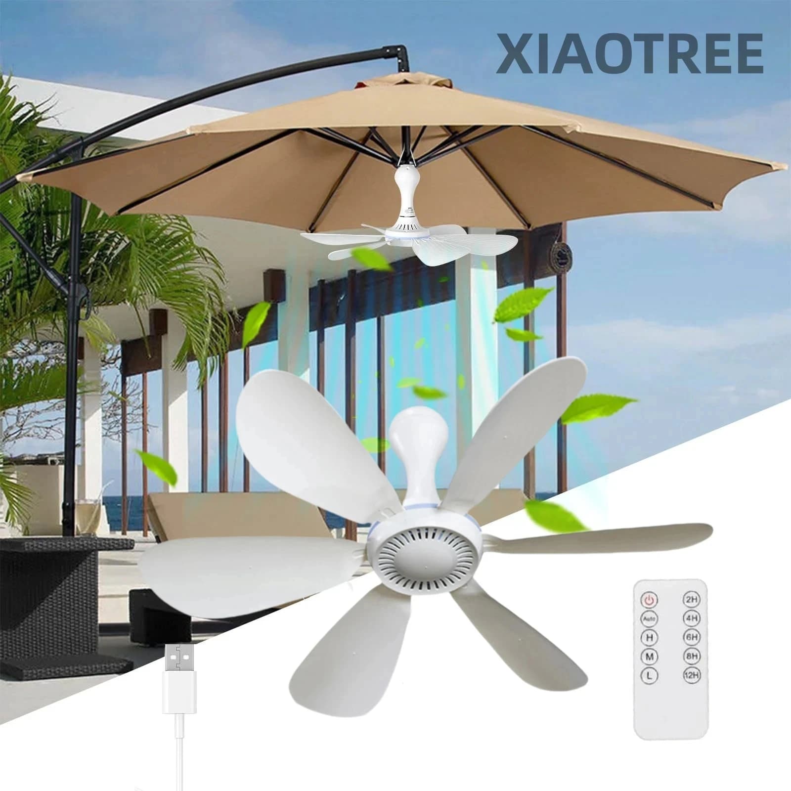 XIAOTREE Ventilatore USB Ventilatore da soffitto silenzioso a 6 pale Ventilatore sospeso a 4 velocità per lettino da campeggio Tende camper sospese all'aperto