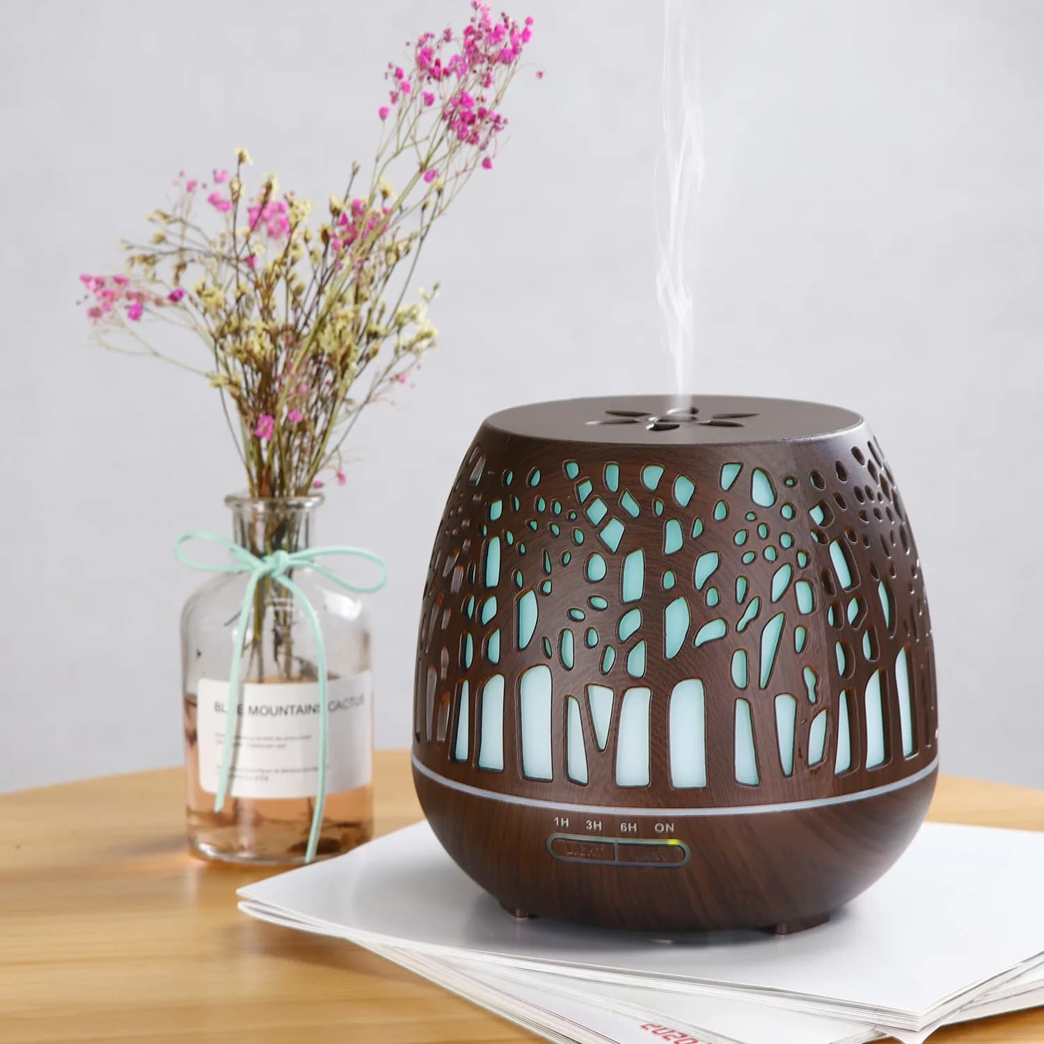 Oli essenziali umidificatore intelligente con luce LED colorata Diffusore di aromi Lampada atomizzatore Controllo wireless Aromaterapia con venature del legno