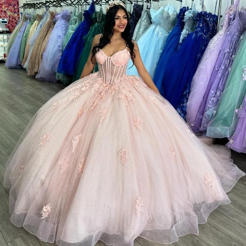 Pink Shiny Quinceanera abiti Spaghetti Strap Vestido De 15 aecos Sweet 16 Lace Applique Tull Beads XV Birthday Prom Party