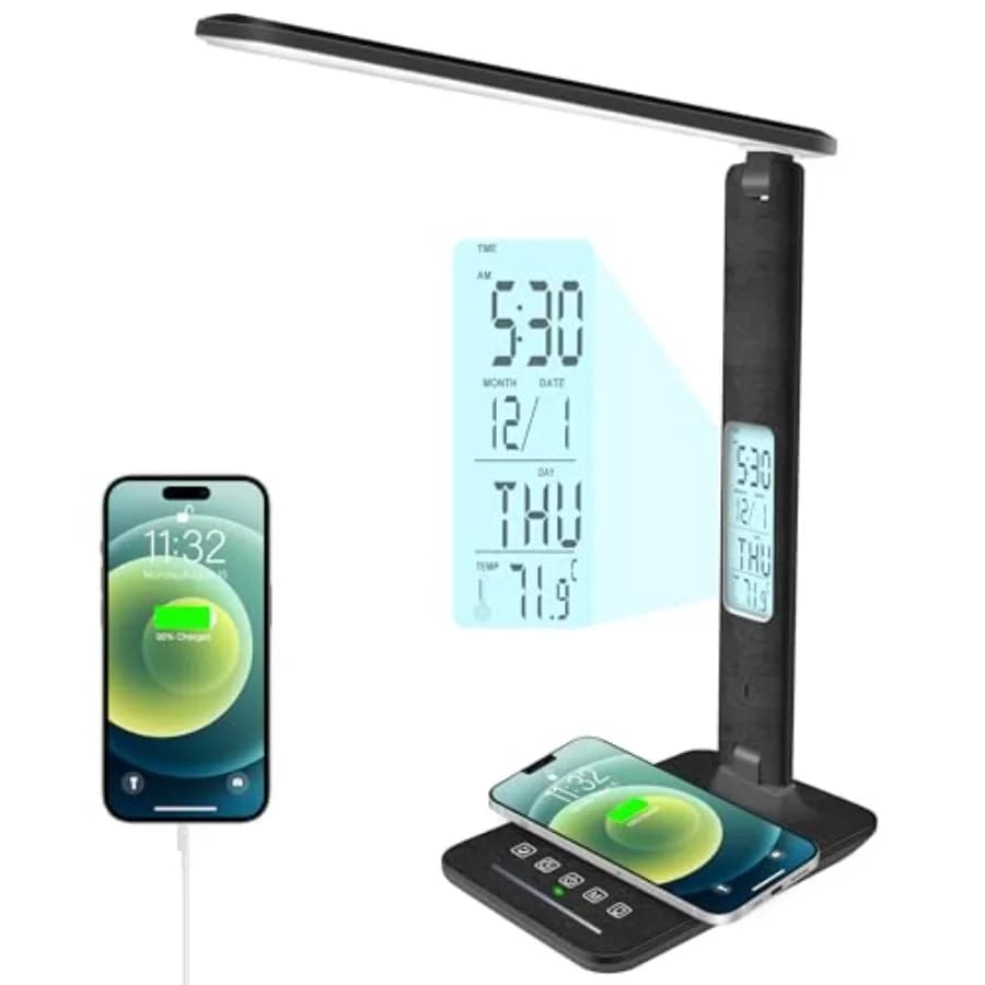 Lampada da Scrivania con Caricatore Wireless, Porta USB, Dimmerabile, con Orologio, Sveglia, Data e Temperatura