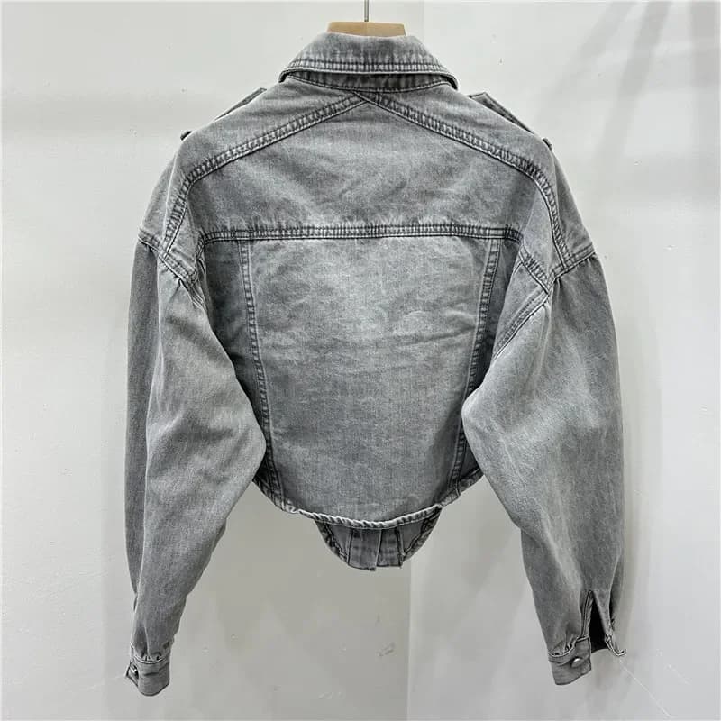 Slim short jeans jacket with irregular edge spring autumn Women's jeans jacket with long sleeves single-breasted with blue twisted grey