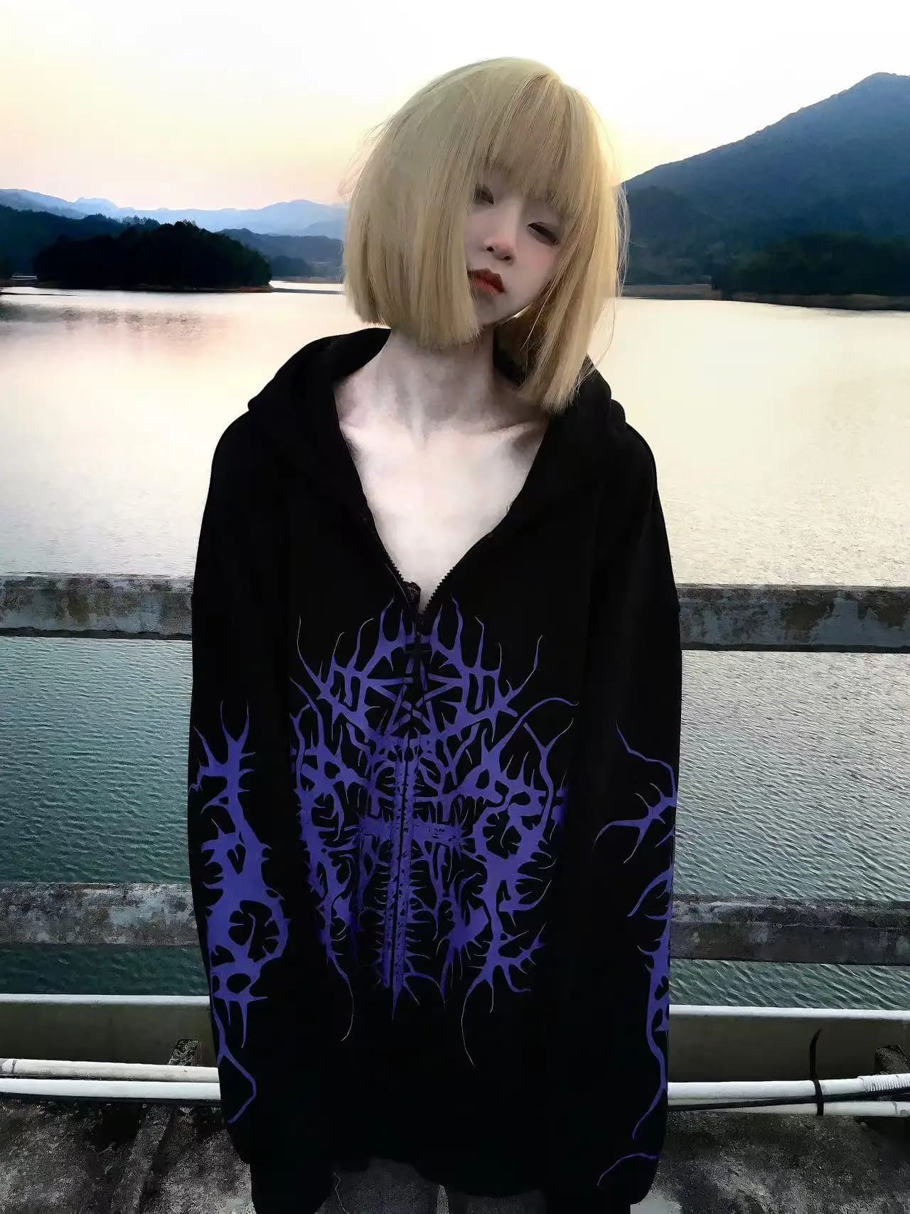 Gothic Culture Loose Fit Hoodie Sweatshirt Women's Original Design Embroidered Print Long Sleeve UV Protection Cotton Jacket