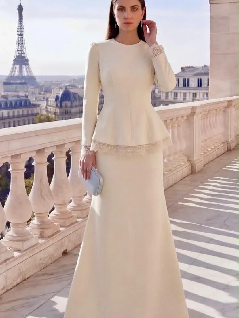 Women's Formal Evening Gowns 2026 Elegant Long Sleeves Lace Trim Cuffs Belted Waist Mermaid Wedding Dresses Party Dress